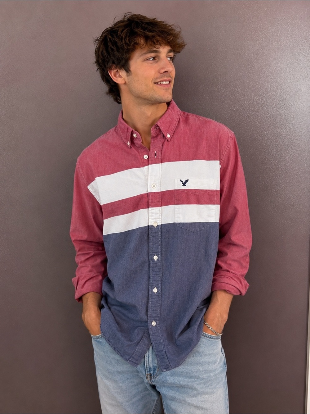 Men's Red and Blue Button-Up Shirt